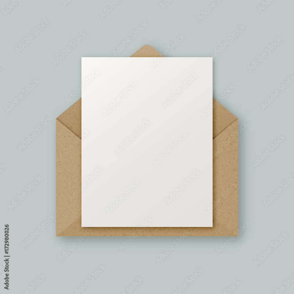 Stylish realistic brown kraft paper vector envelope with clean white letter paper sheet with copyspace for your design. Envelope email concept. - obrazy, fototapety, plakaty 
