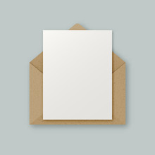 Stylish Realistic Brown Kraft Paper Vector Envelope With Clean White Letter Paper Sheet With Copyspace For Your Design. Envelope Email Concept.