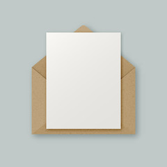 stylish realistic brown kraft paper vector envelope with clean white letter paper sheet with copyspa