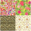 Set of decorative summery wallpapers with ethnic floral pattern, exotic flowers, tropical leaves, flamingo and animal fashion print for fabric, textile, wrapping paper, wallpaper, web design