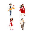 vector flat French parisian man with baguette, woman with umbrella, croissant and glass of wine, girl in red dress, male character in pants on suspenders set Isolated illustration ona white background