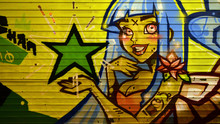 The Texture Of The Wall, Decorated In Graffiti Drawing With The Image Of A Pretty Girl With Blue Hair