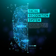© printstocker - Biometric identification or Facial recognition system concept. Vector illustration of human face consisting of polygons, points and lines with place for your text isolated on dark blue background