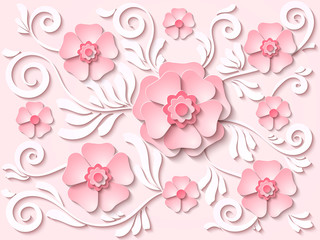 Wall Mural - Beautiful light pink paper cut out floral background with flowers and leaves. Vector illustration