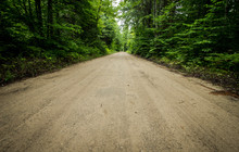 Remote Country Dirt Road. Remote Dirt Road Traverses Through The Hiawatha National Forest In The Wilderness Of Michigan's Upper Peninsula. Horizontal Wide Angle With Copy Space In The Foreground.