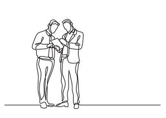 Poster - continuous line drawing of two men standing talking about document