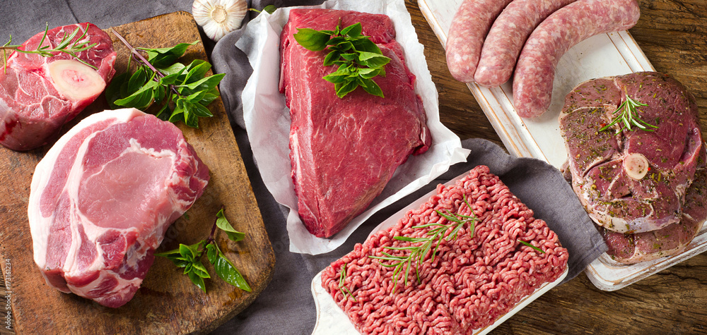 Different types of fresh raw meat - obrazy, fototapety, plakaty 