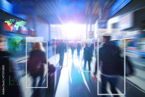 Fotografía technology of machine or robot Learning analytics identify human technology , Software analytics and recognition people in city with flare light effect ,Artificial intelligence concept