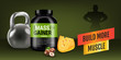 Mass gainer ads. Vector realistic illustration of cans with mass gainer powder with flavored nuts and cheese.
