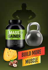 Wall Mural - Mass gainer ads. Vector realistic illustration of cans with mass gainer powder with flavored nuts and cheese.