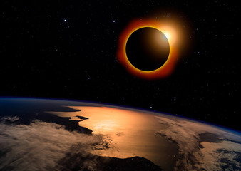 Wall Mural - solar eclipse with orange halo over the planet earth, on dark starry sky