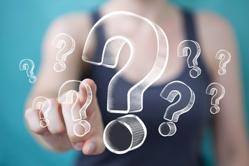 Poster - Businesswoman touching and holding hand drawn question marks
