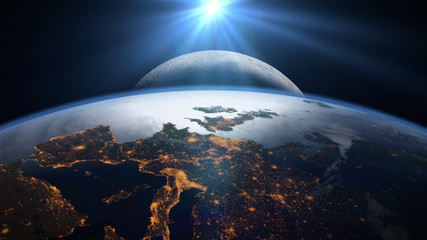 Wall Mural - sunset over planet Earth and the Moon