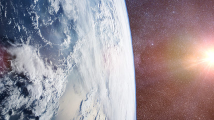 Wall Mural - planet Earth, the bright Sun and many stars