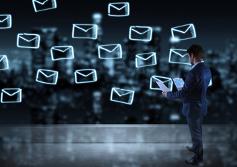 Wall Mural - Businessman watching question emails on a rooftop 3D rendering