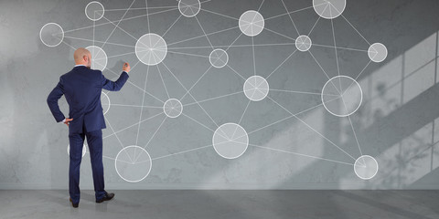 Poster - Businessman using social network interface on a wall 3D rendering