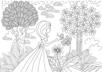 Fotomurales - pretty girl with butterfly. coloring book page
