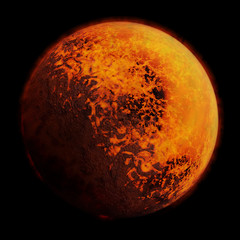 Wall Mural - tidally locked exoplanet with a molten and a rocky side, isolated on black background