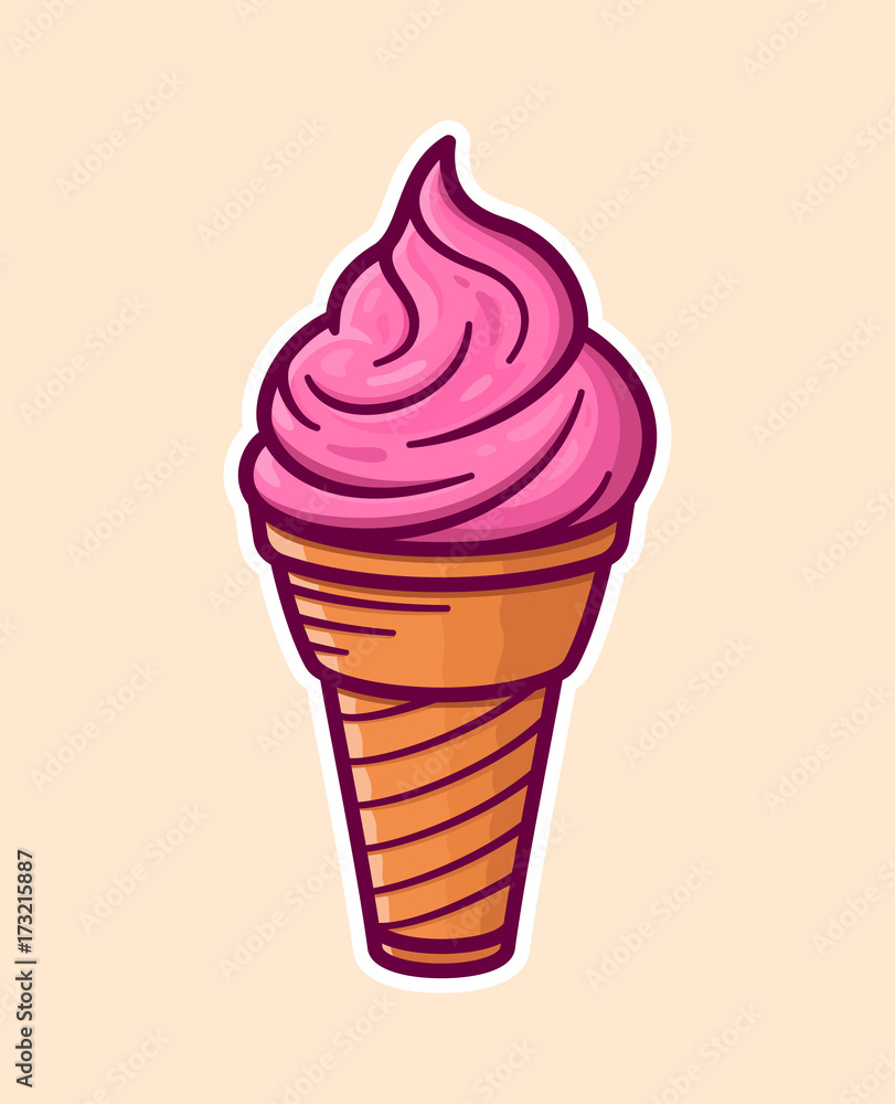 Pink ice cream in the waffle cone. Vector flat outline icon. Cartoon ...