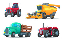 Set Of Agricultural Transport. Farm Equipment, Tractors, Truck And Harvester. Industrial Vehicles. Cartoon Design Vector Illustration Of Rural Machinery.