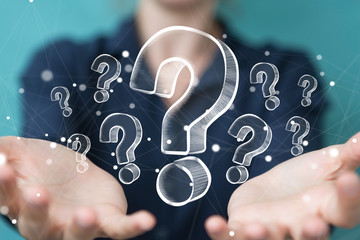 Fototapete - Businesswoman touching and holding hand drawn question marks