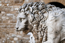 Medieval Sculpture Of A Lion At Piazza Della Signoria In Florence, Italy
