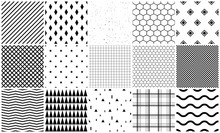 Seamless Pattern Vector Set Of Geometric Textures. Simple Black And White Shapes Background Templates.