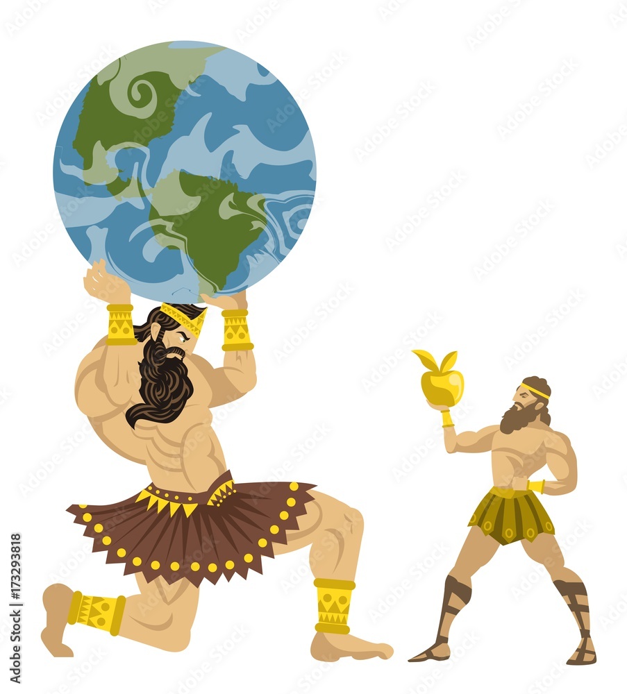 Vetor do Stock greek mythology titan atlas holding the globe and hercules  hero stealing golden apple | Adobe Stock, image size:903x1000