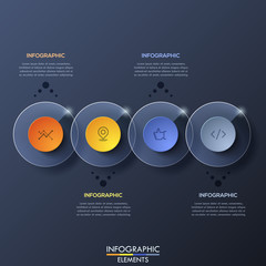 Infographic design template with 4 overlapped transparent circular elements on dark background