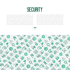 Security and protection concept with thin line icons: data, surveillance camera, finger print, electronic key, password, alarm, safe. Vector illustration for banner, web page, print media.