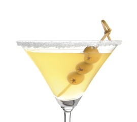 Canvas Print - Glass of lemon drop martini with olives on white background