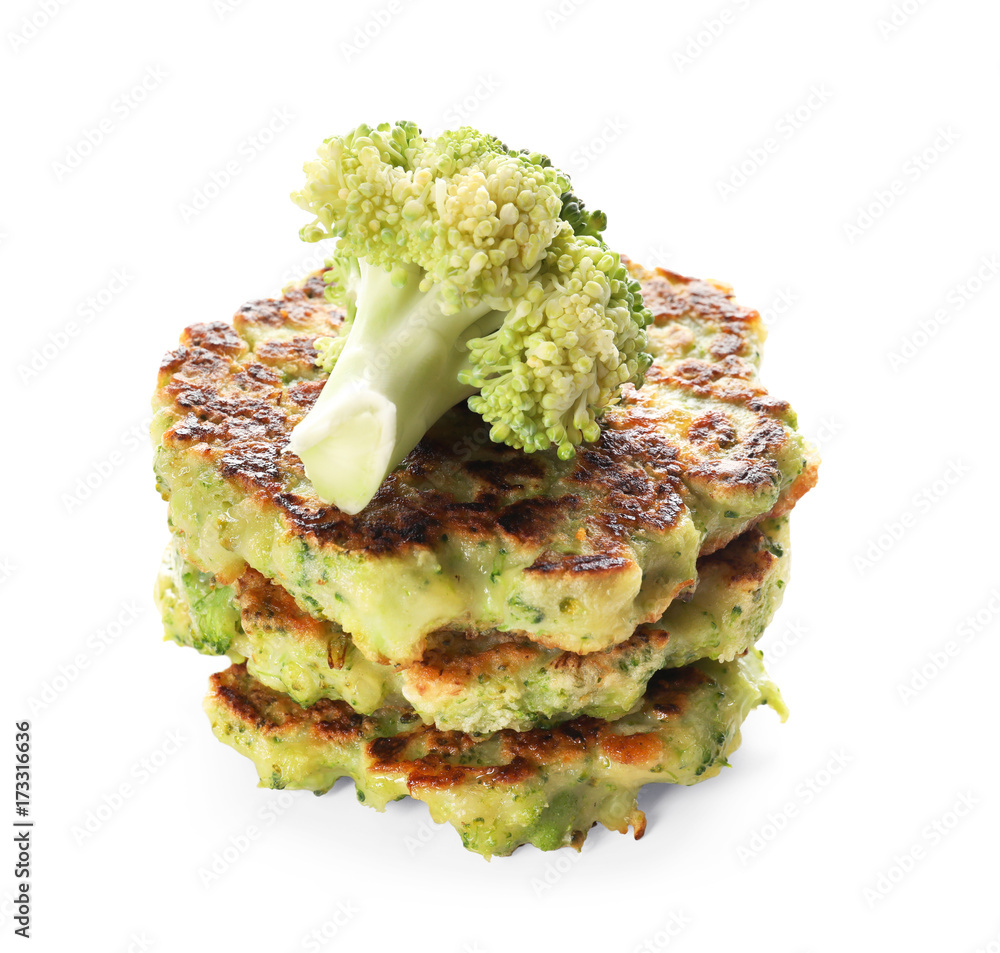 Delicious broccoli pancakes on white background, close up