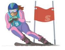 Skier Female, Racing Downhill With Ski Flag In The Background