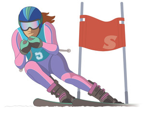 Wall Mural - skier female, racing downhill with ski flag isolated on a white background