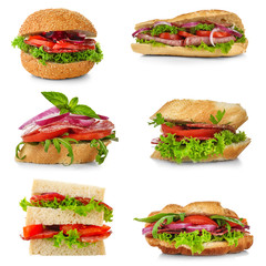 Wall Mural - Set of different sandwiches with sausage slices on white background