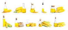 Collage Of Corn Oil In Different Glassware On White Background