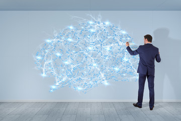 Poster - Businessman using digital brain interface on a wall 3D rendering