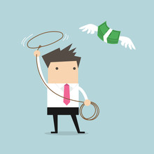 Businessman Chasing Flying Money By Rope, Financial Concept. Vector