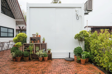 Modern metal White building made from shipping containers and Empty white wall textures    .