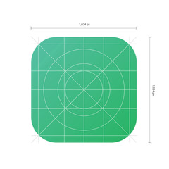 Vector app icon template with dimensions, development grid line