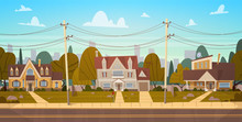 Houses In Suburb Of Big City In Summer, Cottage Real Estates Cute Town Concept Flat Vector Illustration