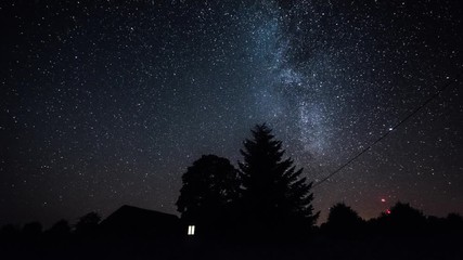 Wall Mural - Timelapse of stars over trees at summer night then clouds coming on dark sky. Timelapse. Starfall. Milky way.