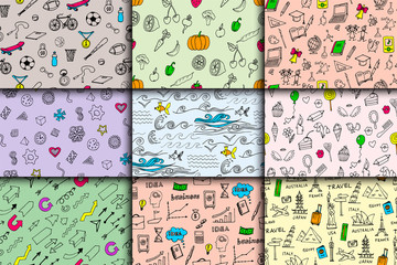 Cartoon doodles hand drawn style seamless pattern summer design wallpaper vector illustration.