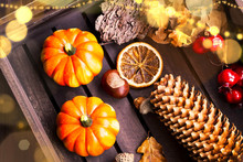 Flatlay Of Fall Festive Decoration With Pumpkins, Chestnuts , Acorns And Brighty Lights, Halloween Celebration