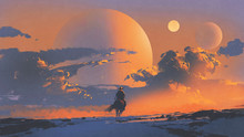 Cowboy Riding A Horse Against Sunset Sky With Planets Background, Digital Art Style, Illustration Painting