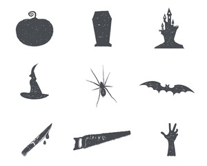 Wall Mural - Set of halloween silhouette isons. Vintage hand drawn Halloween party symbols design for celebrating holiday. Retro monochrome style. Stock vector isolated on white background