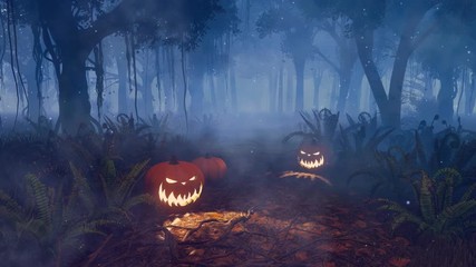 Wall Mural - jack-o-lantern carved halloween pumpkins on trail through spooky magical forest and supernatural fai