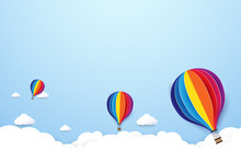Colorful Hot Air Balloons Flying On Blue Sky Background. Paper Art And Craft Style Design