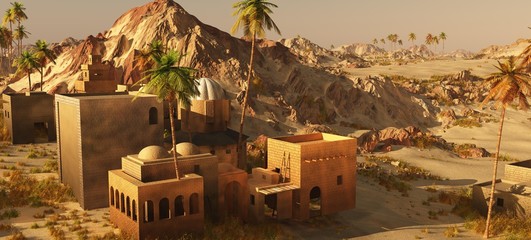 Wall Mural - Arabic village on wasteland, 3d rendering