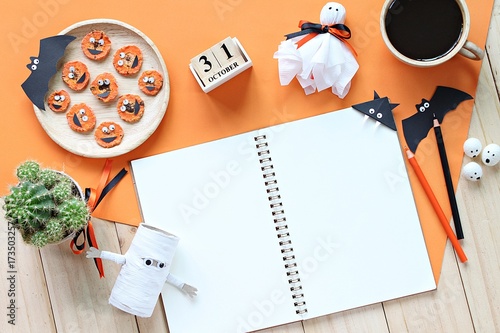 Download Halloween Celebration Or Holiday Background Concept Mock Up Of Open Notebook Paper Crafts Cube Calendar Grilled